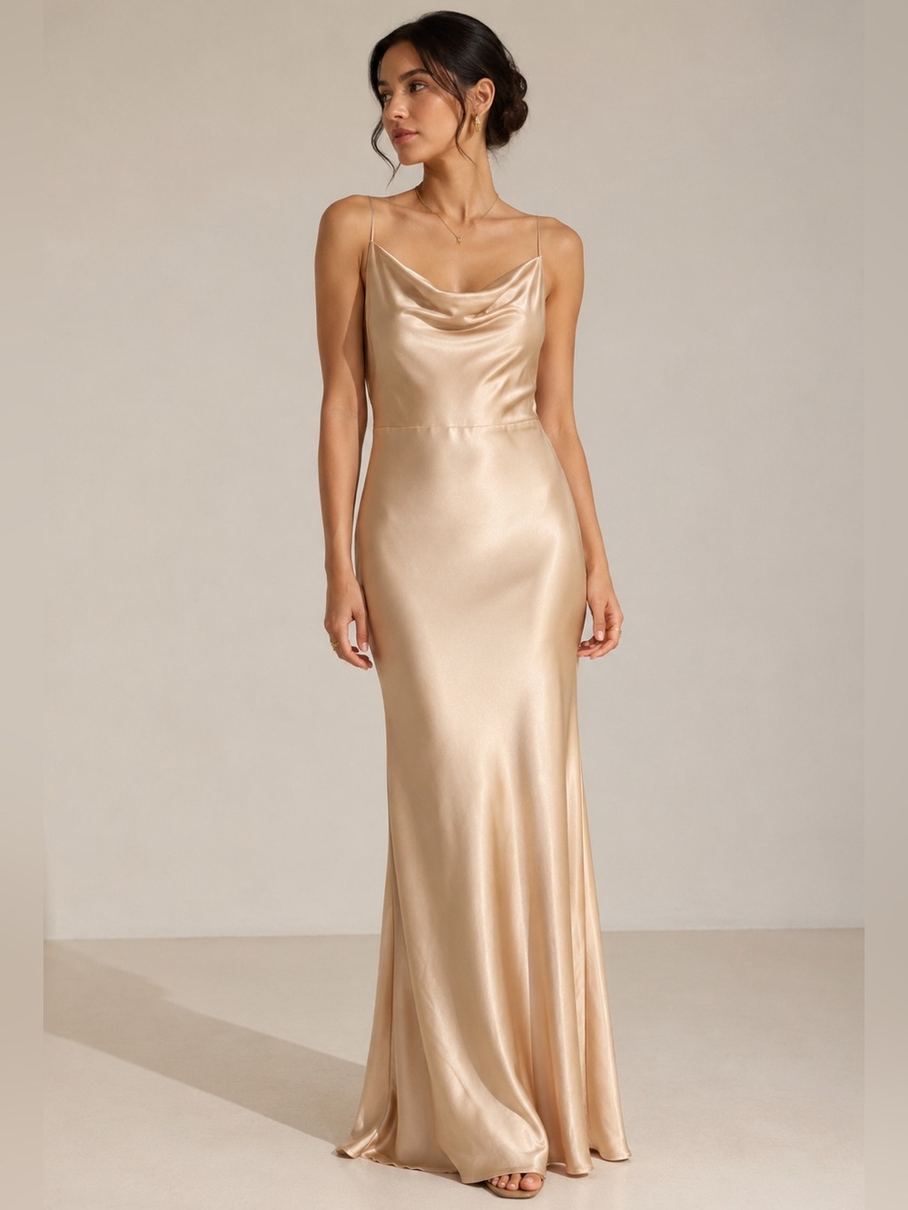 Park & Fifth Champagne Satin Cowl Neck Maxi Dress XS